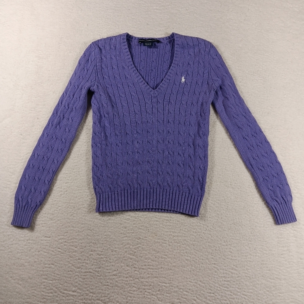 Ralph Lauren Sport Sweater Womens Medium Purple Cabke Knit V-Neck